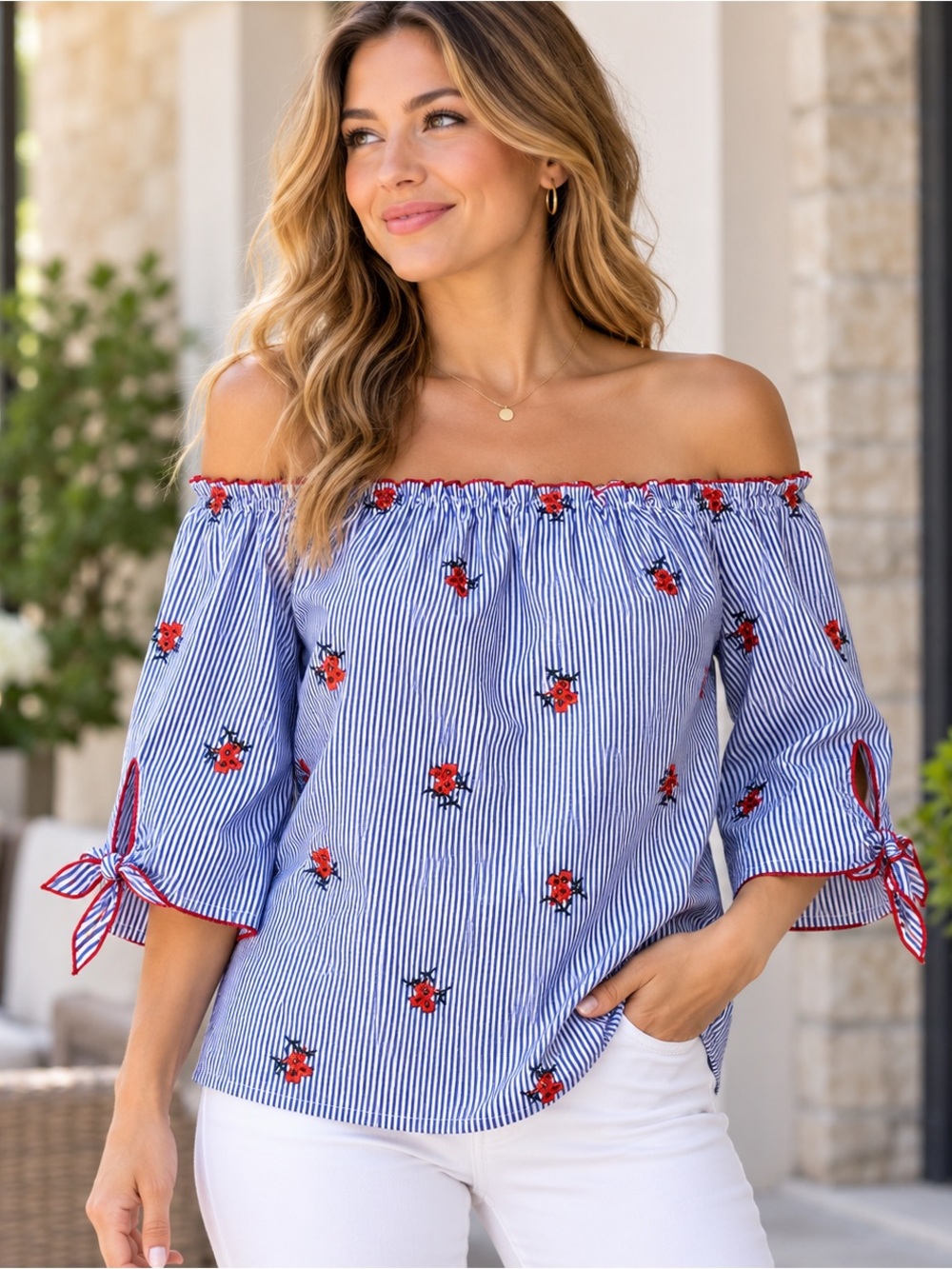 Ces Femme Blue White Striped Embroidered Floral Off Shoulder Blouse Sz. S